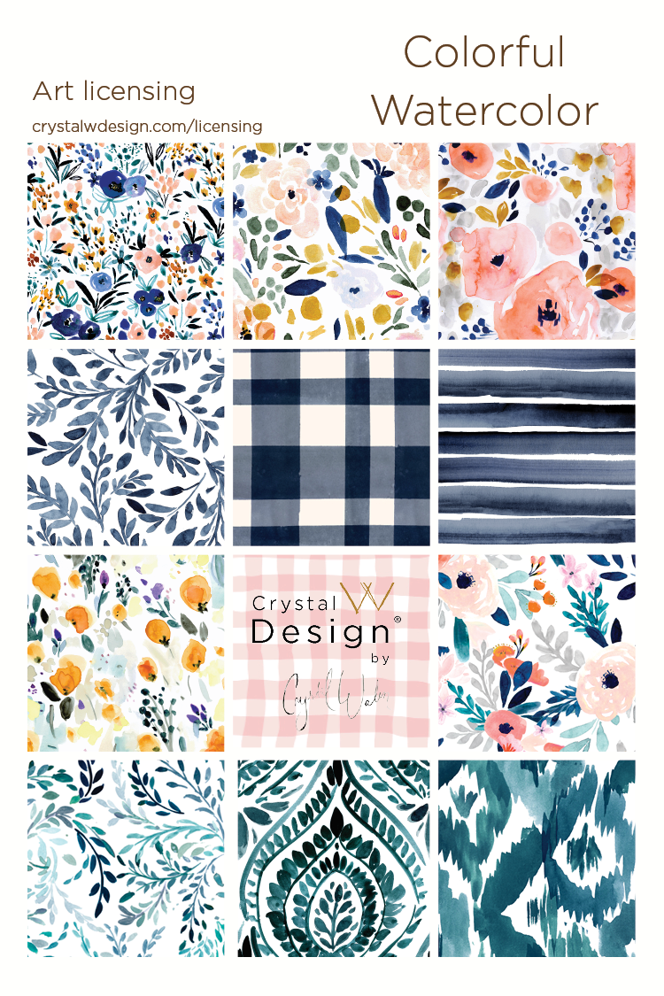 Colorful Watercolor Florals Collection with coral, cool blue, warm gold, blush pink, sea breeze teal and aqua, 