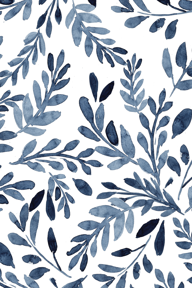 Leaf Sprigs watercolor blue pattern on white wallpaper