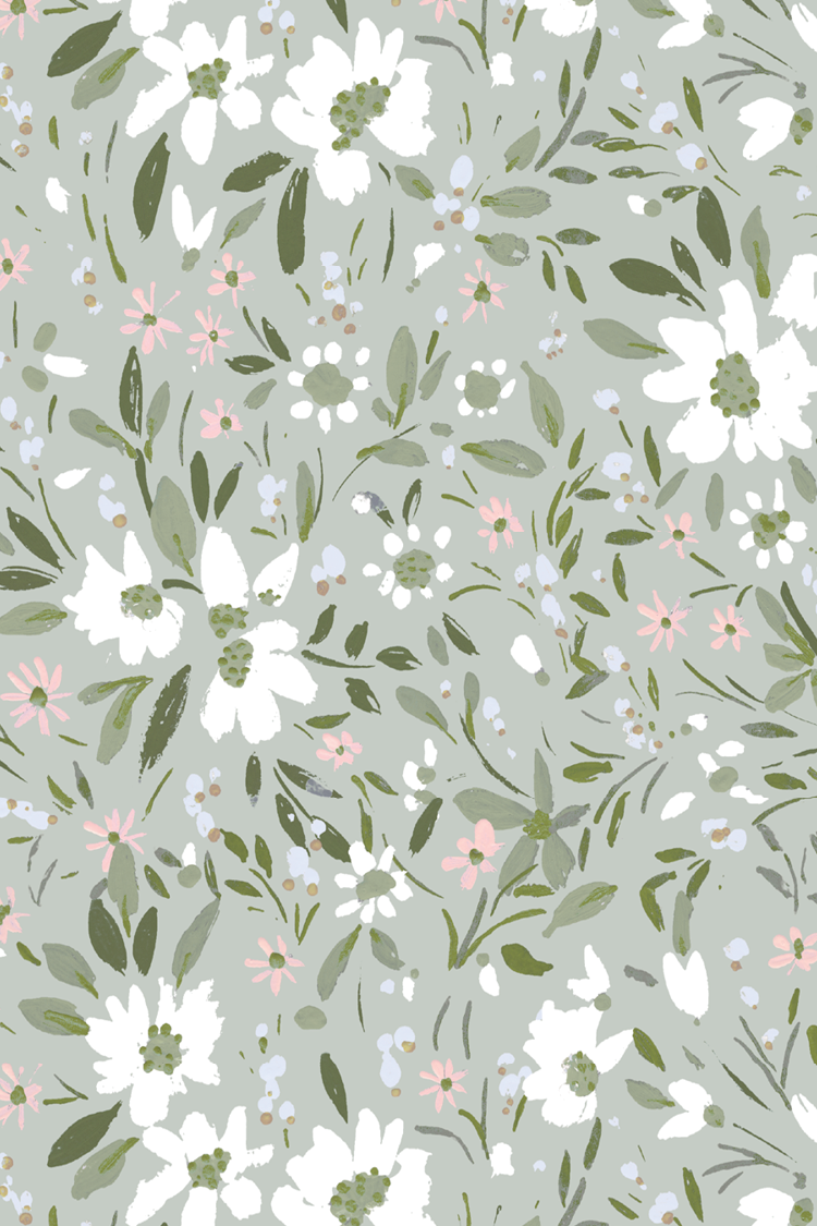 El Dorado Floral white flowers, green leaves, and mini pink and blue flowers, on muted blue green sage 