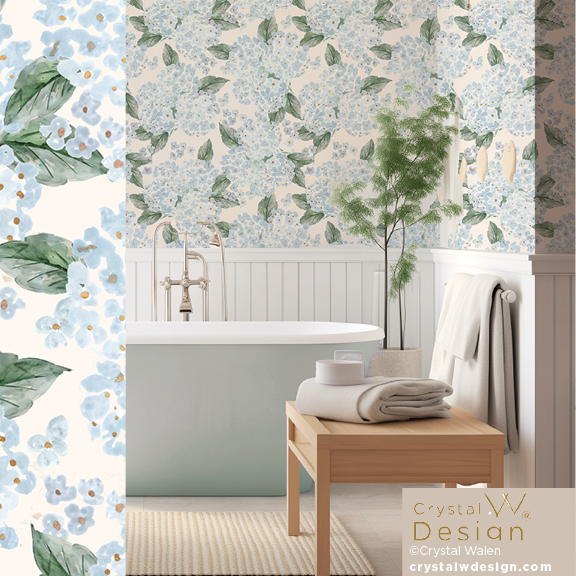 Hydrangea Wallpaper, coastal wallpaper, modern coastal wallpaper