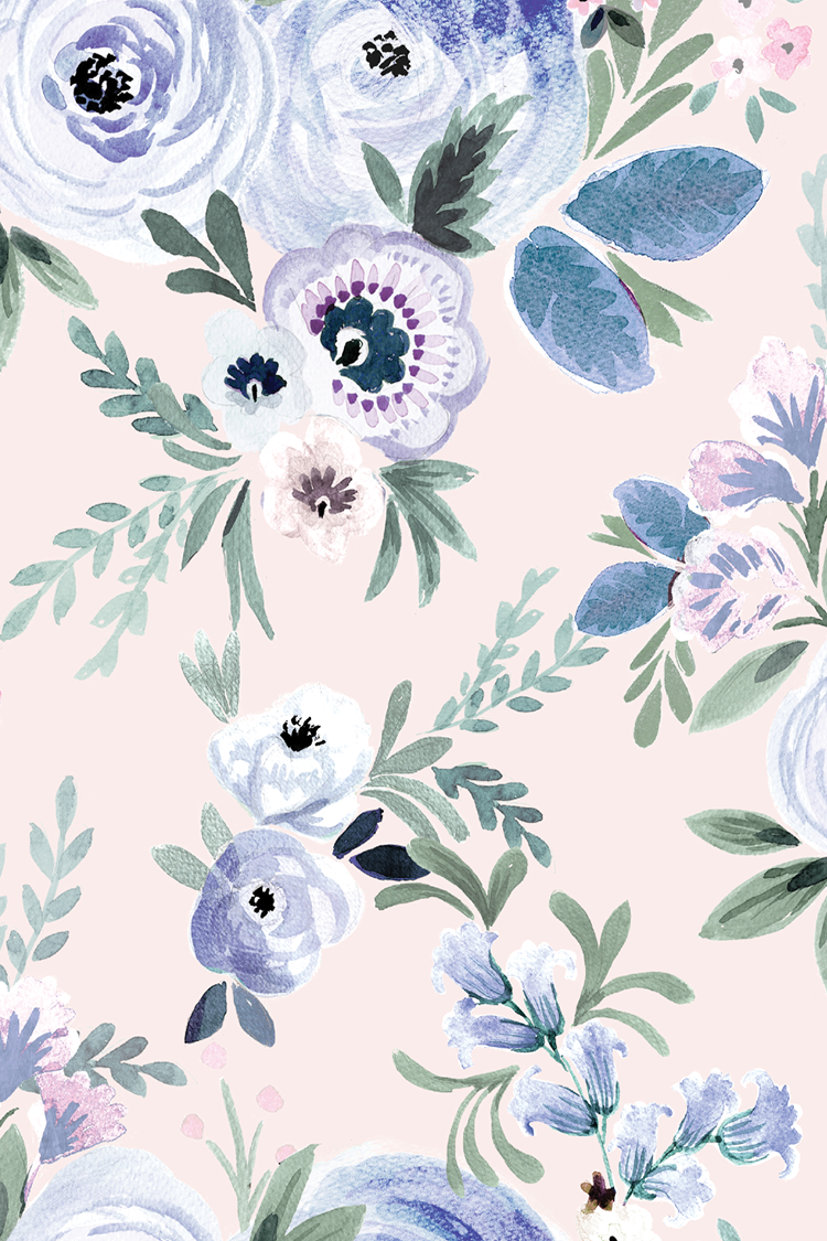 Victoria Floral periwinkle, pink, blue roses and delicate hand painted flowers with soft green sprigs