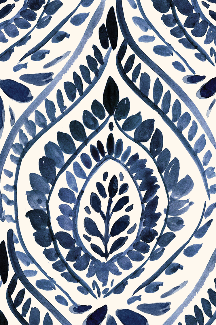 Parisian Boho collection, bohemian foli, blue botanical in a leaf ojy, watercolor painted in indigo blue on cream wallpaper