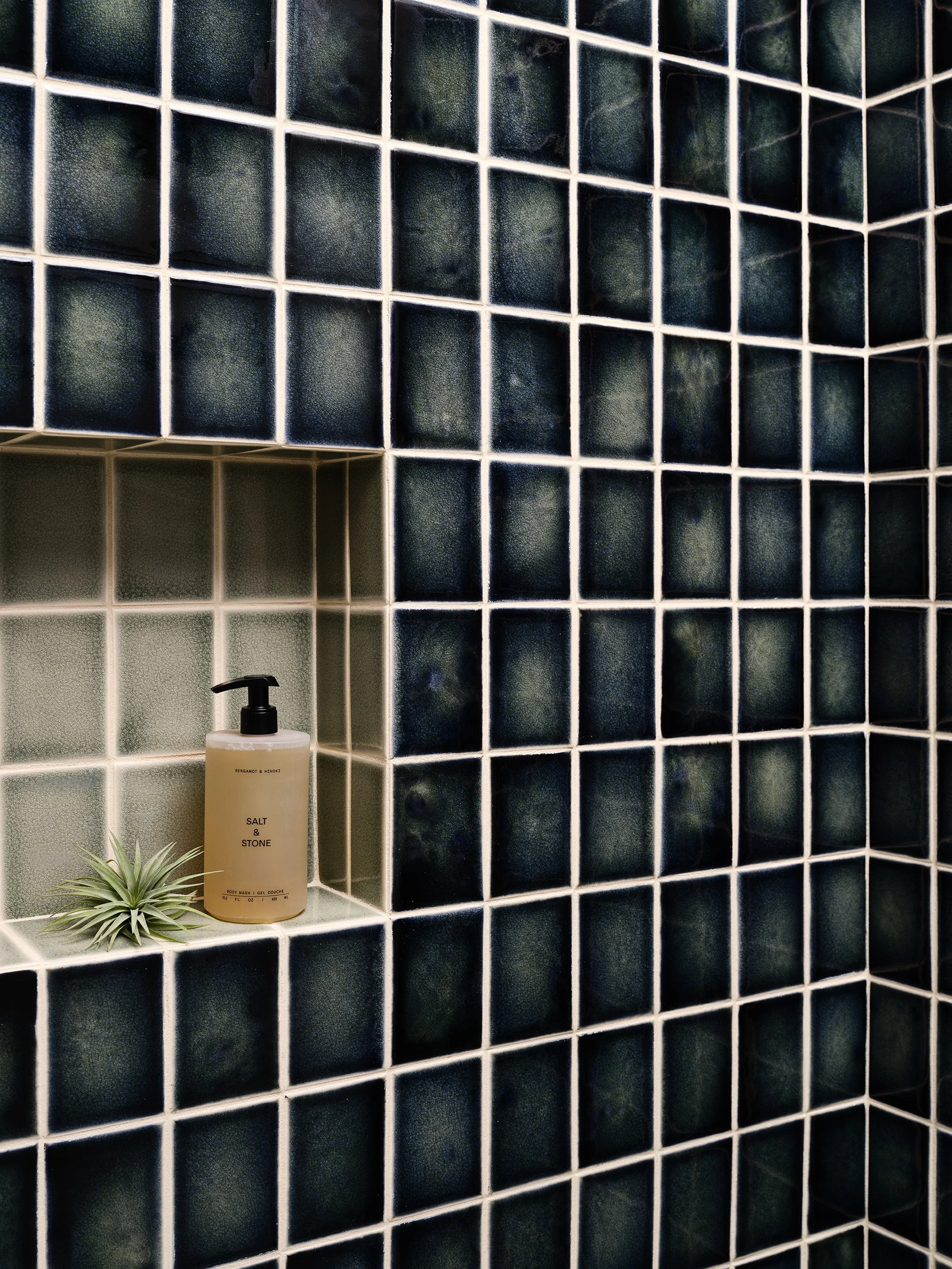 Shower wall with dark green tiles, a shower niche containing a bottle of "Salt & Stone," and a small air plant.