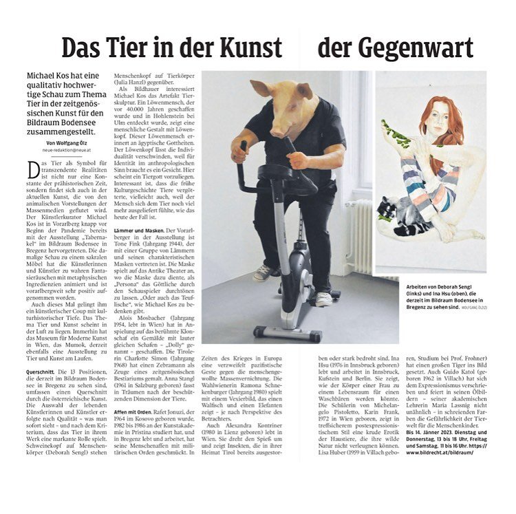 In der #neuenvoralbergertageszeitung 
zur aktuellen Ausstellung &bdquo;Welcome my deer&ldquo; im @bildraumbodensee in Bregenz.

&bdquo;Welcome my Deer I Tierkunst : Kunsttier&ldquo; im Bildraum Bregenz, kuratiert von Michael Kos. 

5.11.-14.12.2022
B