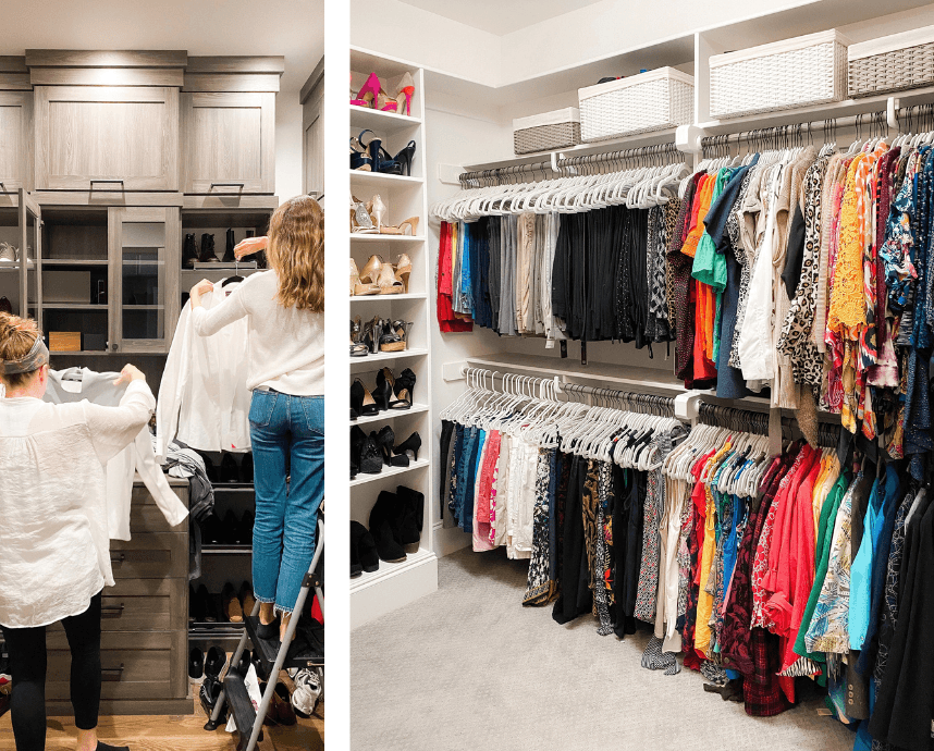 Professional organizers at work alongside a finished walk-in closet with color-arranged clothing, a built-in shoe tower, and woven storage baskets.