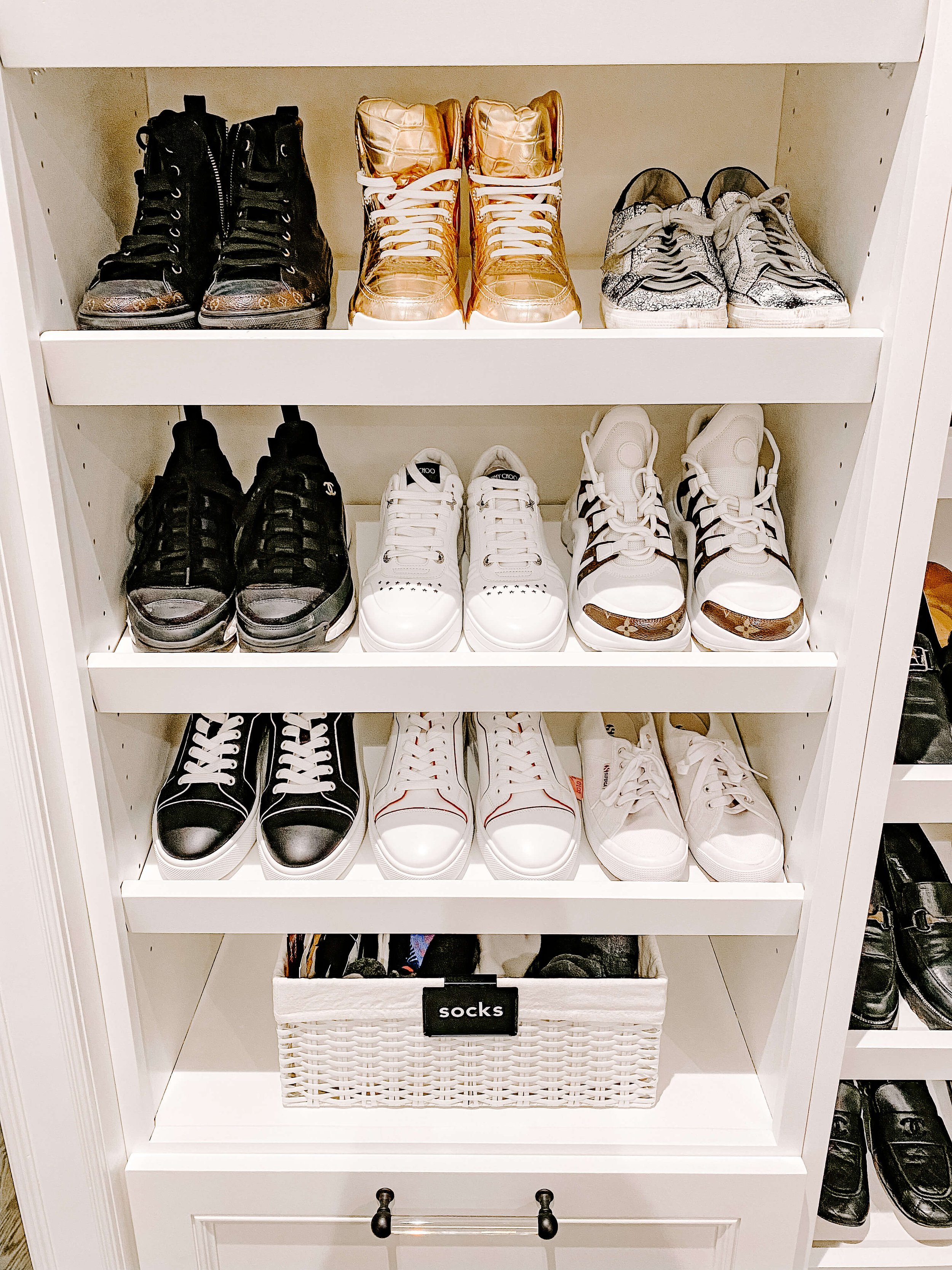 Sneakers &amp; White Basket On Closet Shelving
