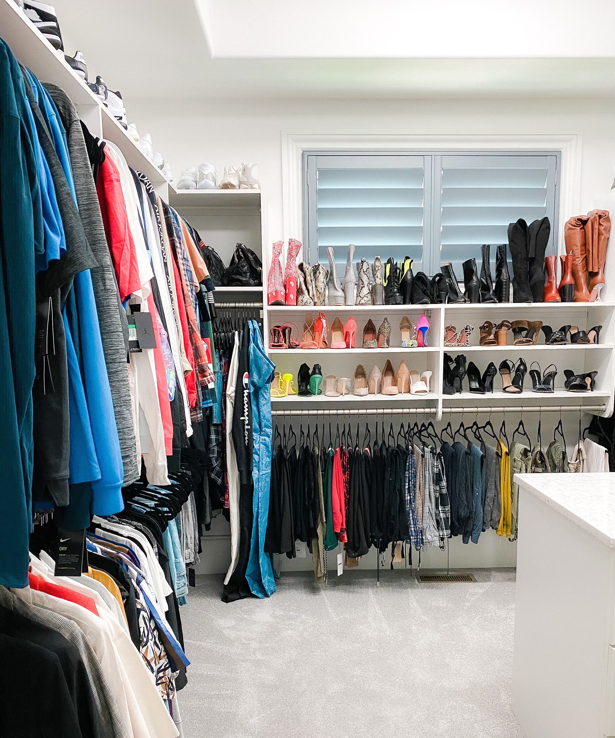 Organized and styled closet after being unpacked after moving