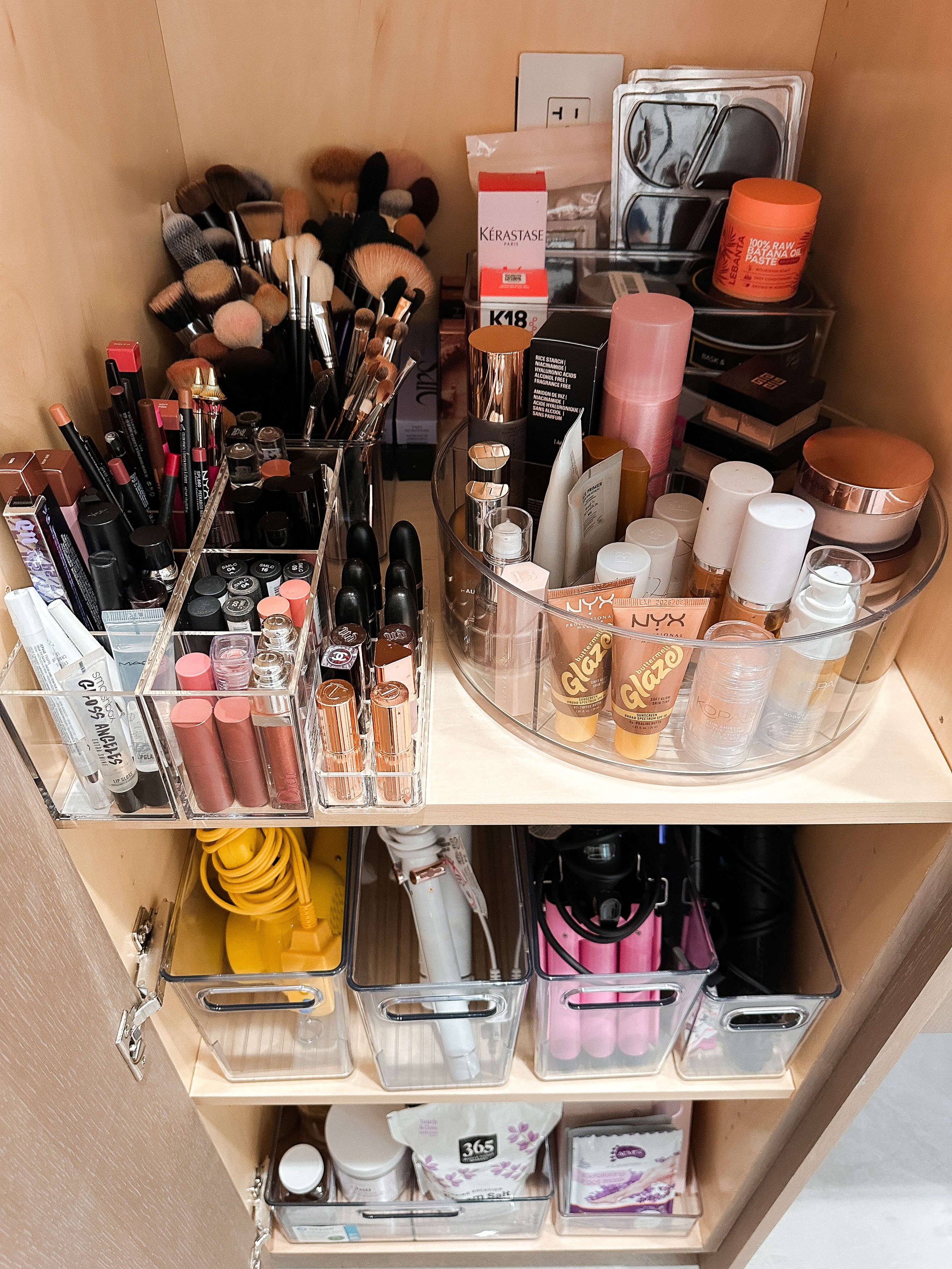 Bathroom cabinet neatly organized for easy access.
