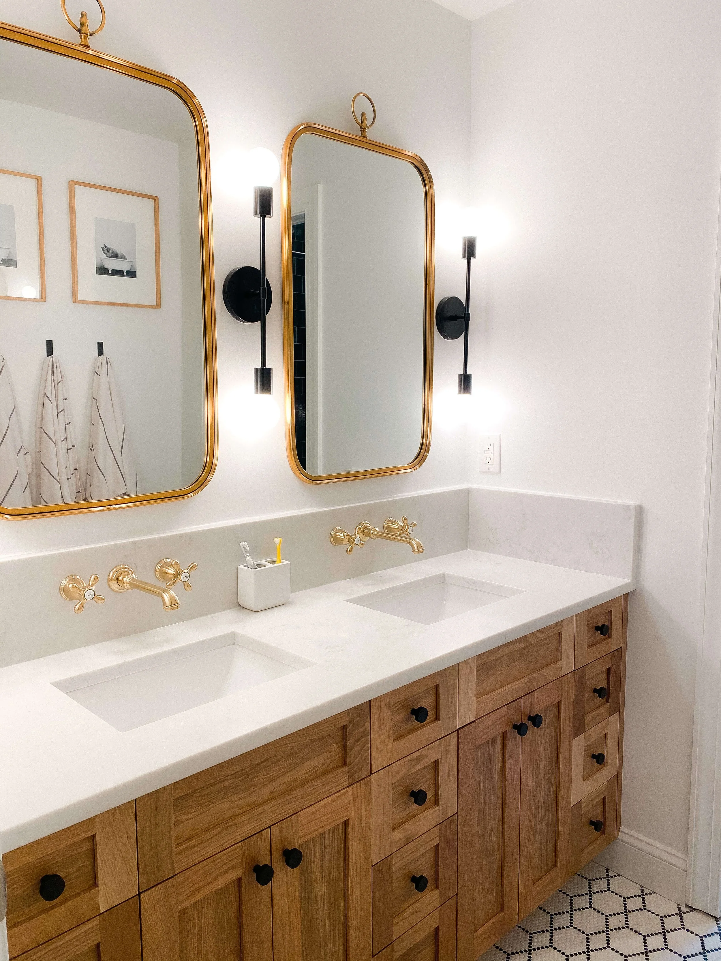 Double bathroom vanity with organized countertop