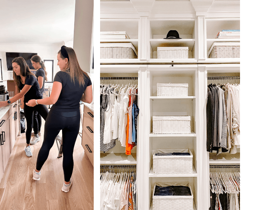 Professional organizers at work alongside a finished walk-in closet with neatly arranged clothing and woven storage baskets.
