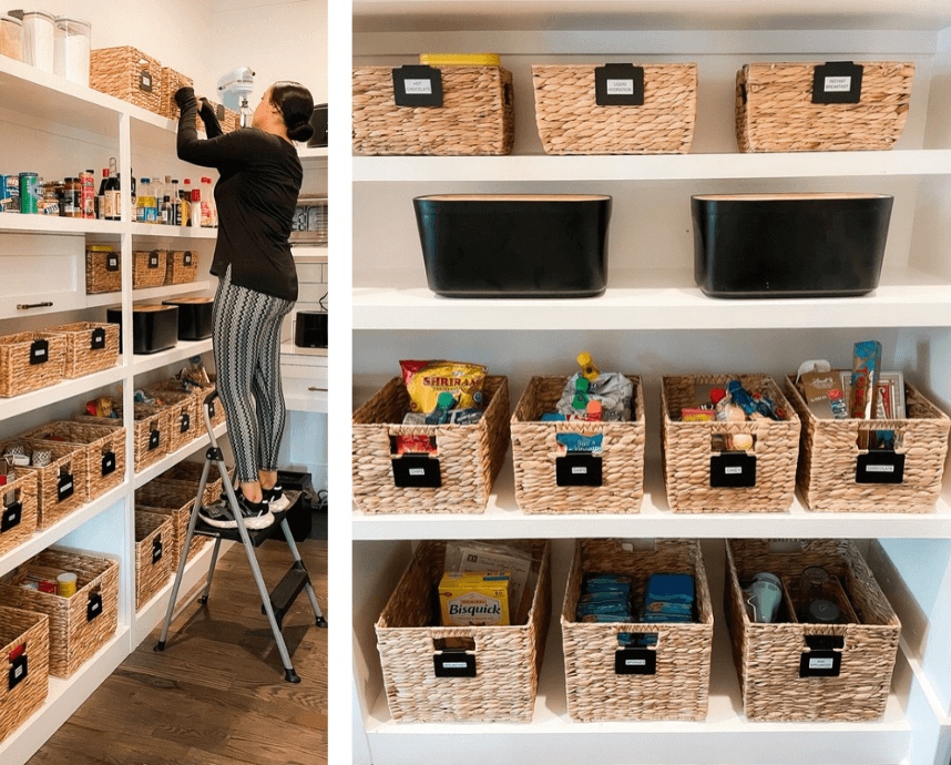 Professional organizing team member placing labeled woven baskets on pantry shelves for Simplify Studio, Charlotte.