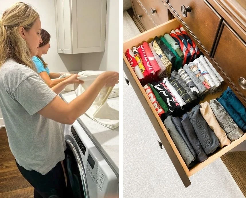 Professional organizers folding laundry in a home laundry room (left) and neatly arranged children’s clothing in a dresser drawer (right).