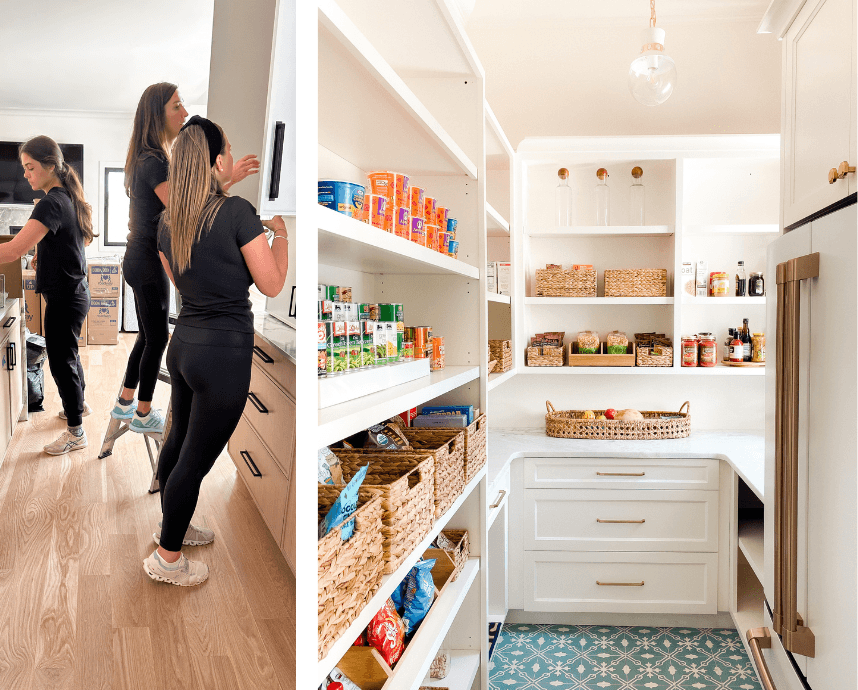 Professional organizers from Simplify Studio unpacking a kitchen next to an organized pantry with labeled baskets