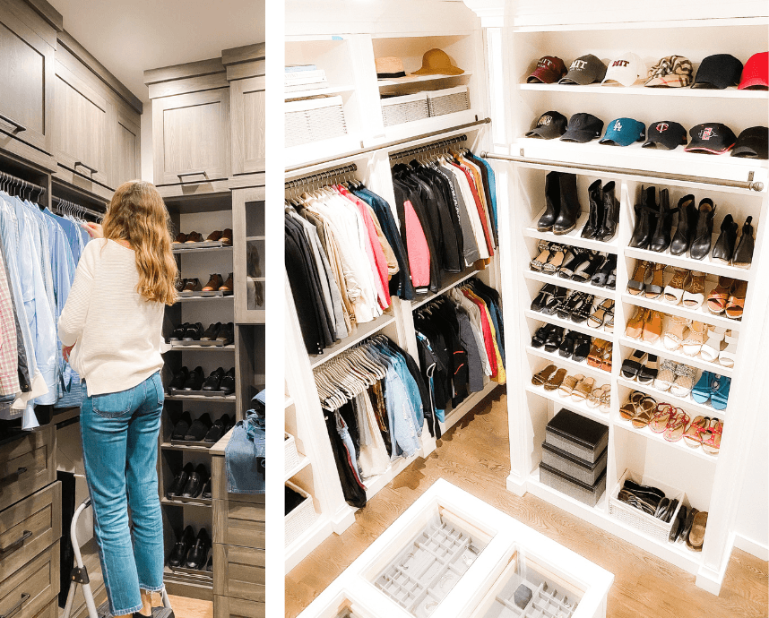 Professional organizers in Santa Fe, NM organizing a spacious walk-in closet