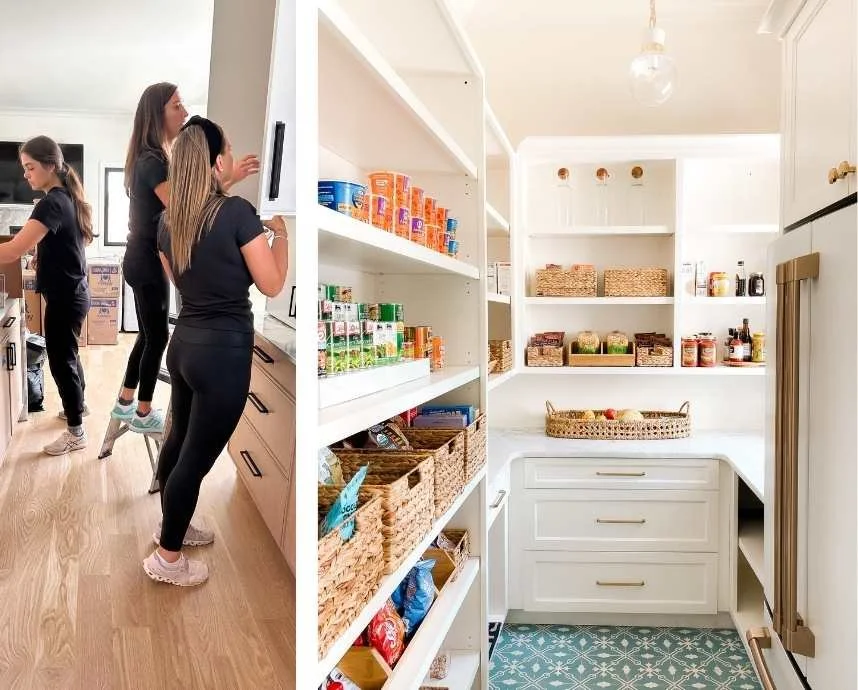 Professional organizers setting up a kitchen and a light, styled pantry organized with natural containers and baskets.
