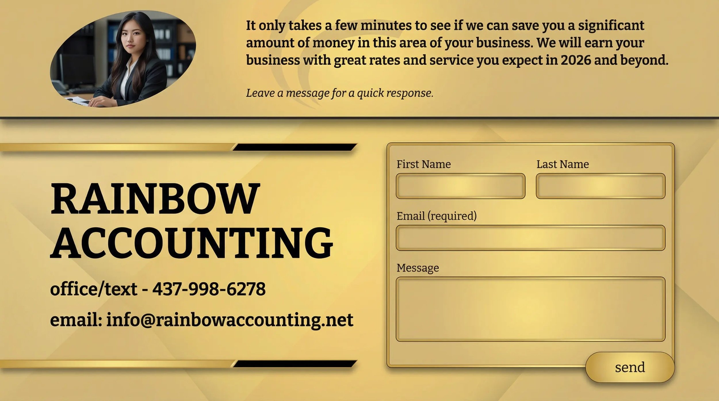 A business advertisement for Rainbow Accounting featuring a photo of a woman at her desk, a message about saving money, and contact details including phone number, email, and a contact form with fields for first name, last name, email, and message.