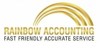 Rainbow Accounting logo with gold rainbow graphic and tagline 'Fast Friendly Accurate Service'.