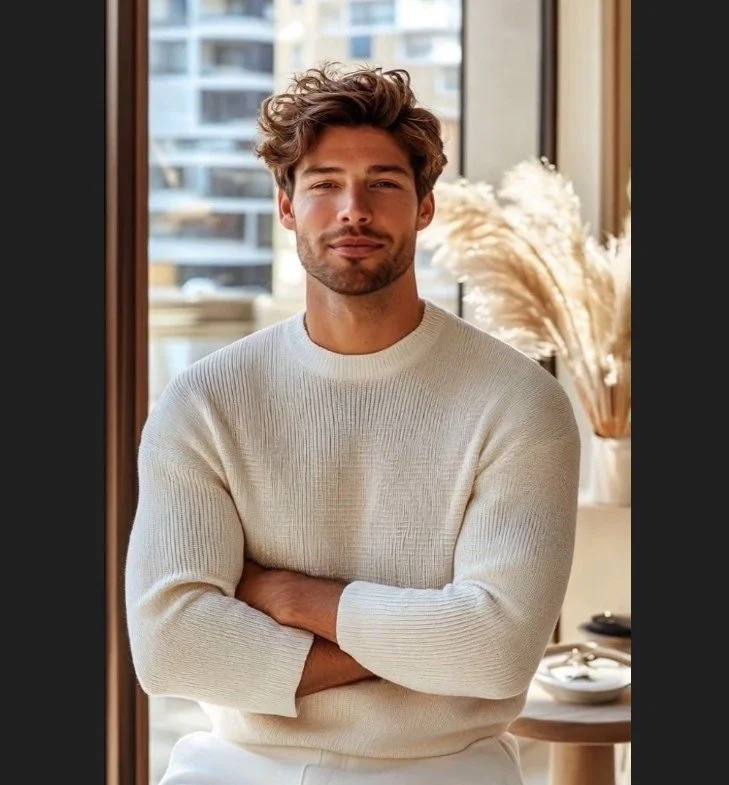 A young man with curly brown hair and a beard, wearing a cream-colored sweater, standing with arms crossed in a room with large windows and a cityscape background, with decorative dried plants in the background.
