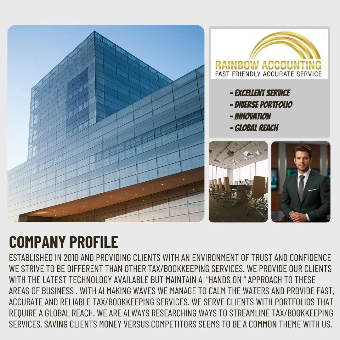 Company profile image featuring a modern office building with glass exterior, Rainbow Accounting logo with gold rainbow and text, conference room with chairs, and a professional man in suit.