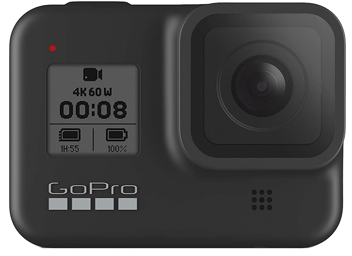 Black GoPro camera with a screen displaying recording details, including battery life, recording time, and storage, with a large lens on the right.