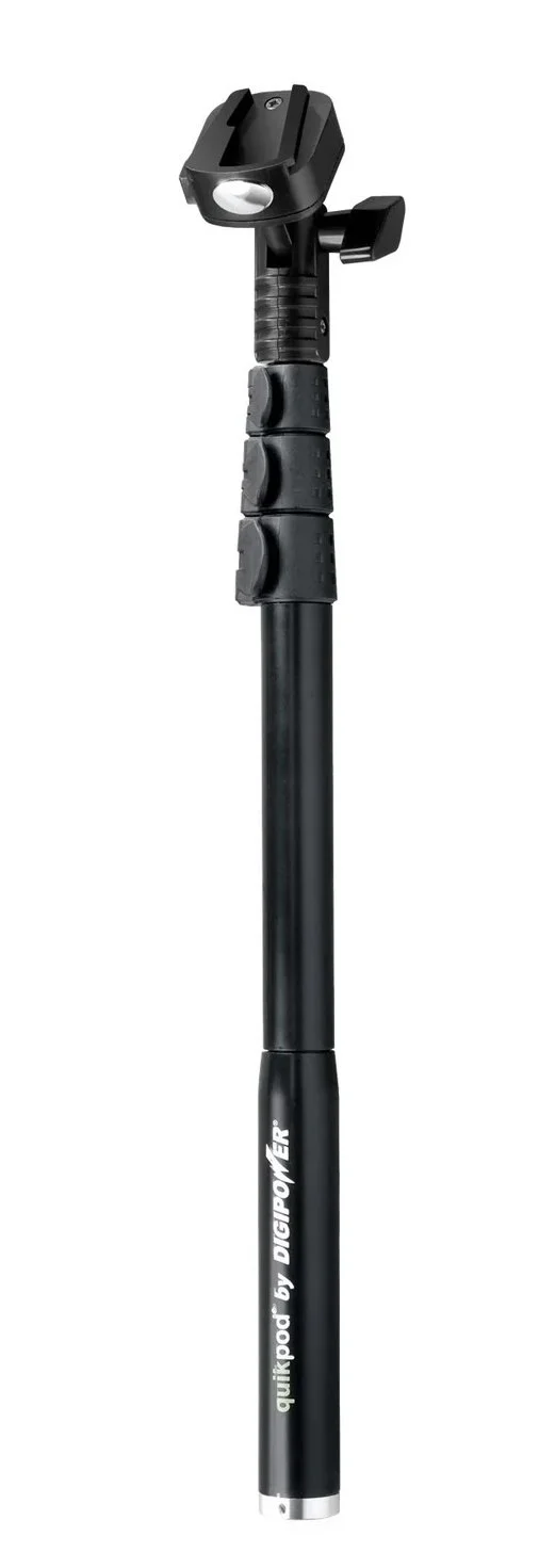 A black telescoping LED work light with an adjustable head and a grip handle, branded QuikPod by Digipower.