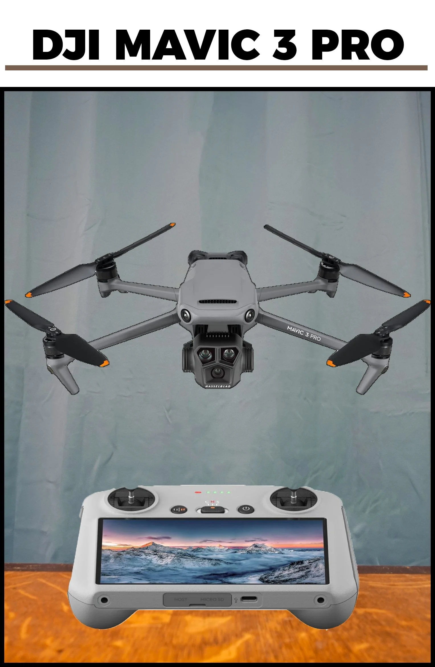A DJI Mavic 3 Pro drone flying above a remote control device with a screen, on a wooden surface with a plain background.