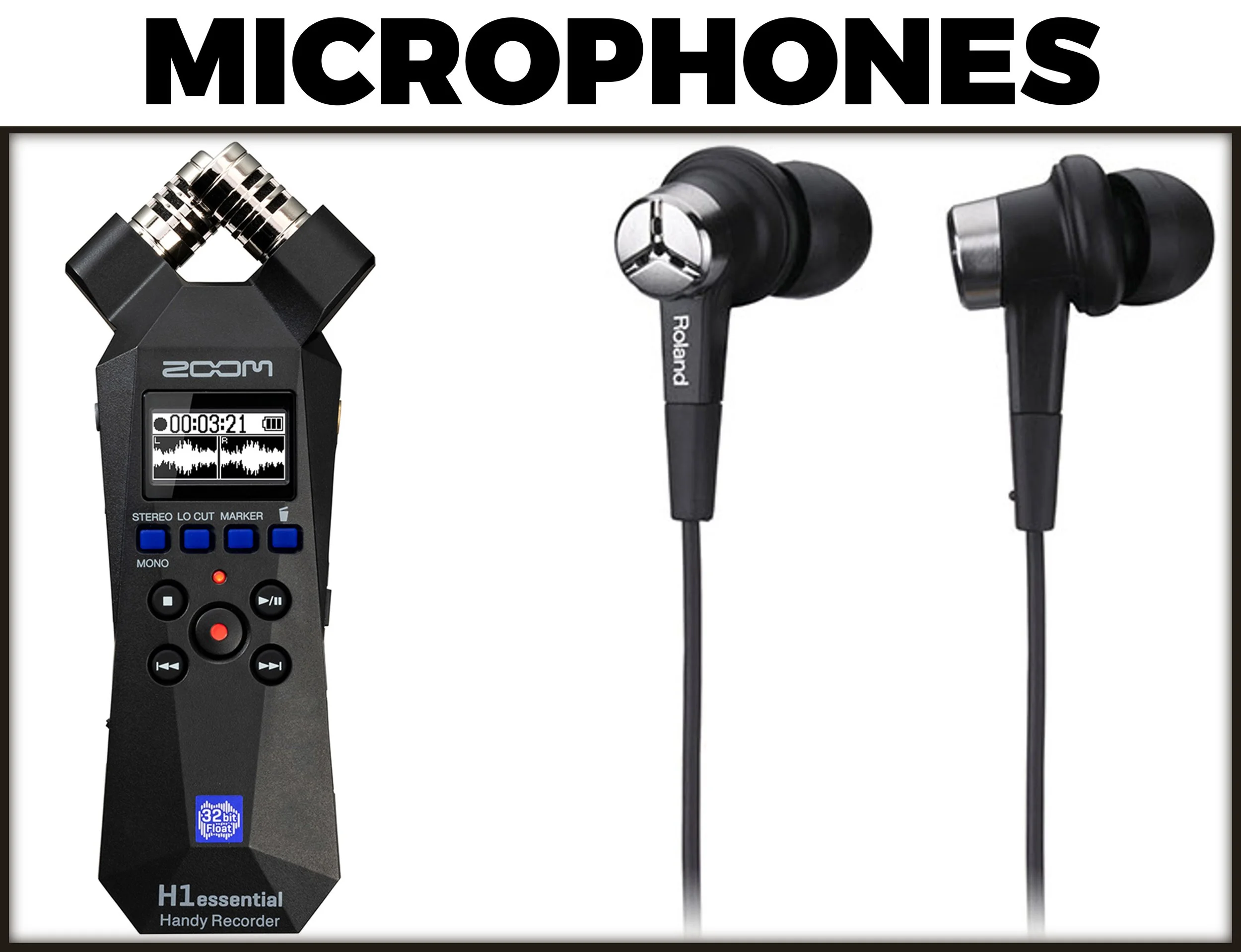 Image of three different types of microphones: a handheld digital voice recorder on the left, and two in-ear wired earphones on the right, with a label 'Microphones' at the top.
