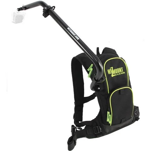 Backpack with a mounted camera stabilizer or selfie stick attached