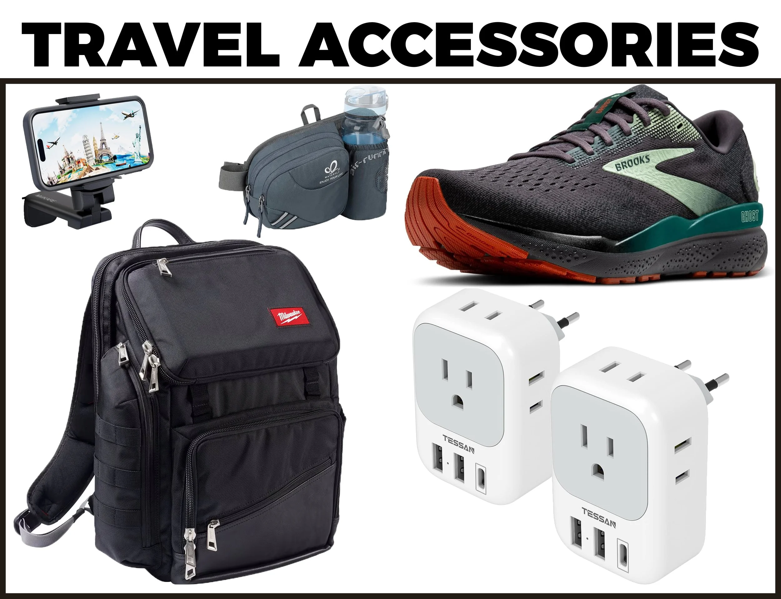 Travel accessories including a phone mount, backpack, waist pack, sneakers, power strip adapters, and a travel backpack.