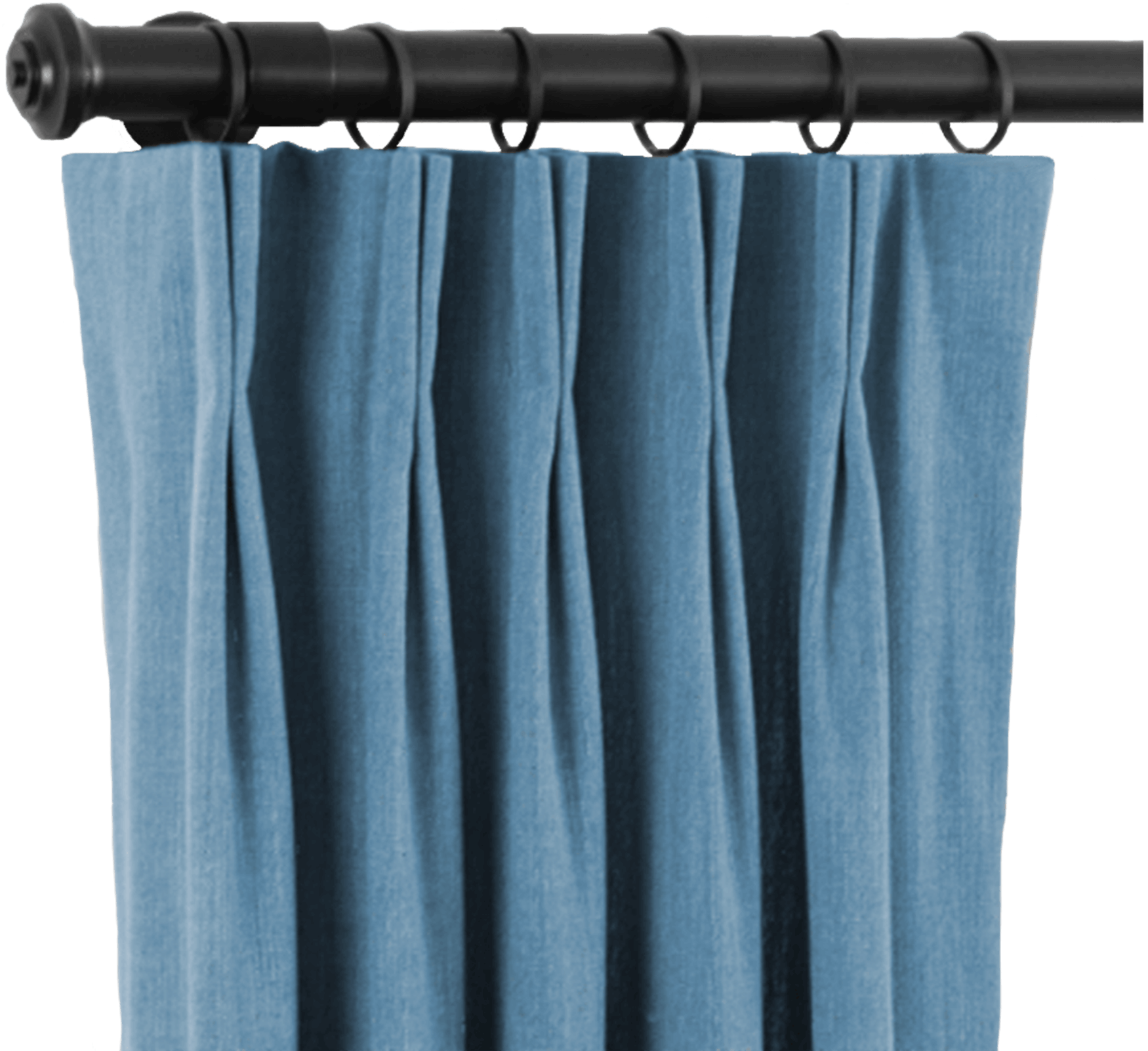 A sample of a blue linen double pinch pleat drapery panel