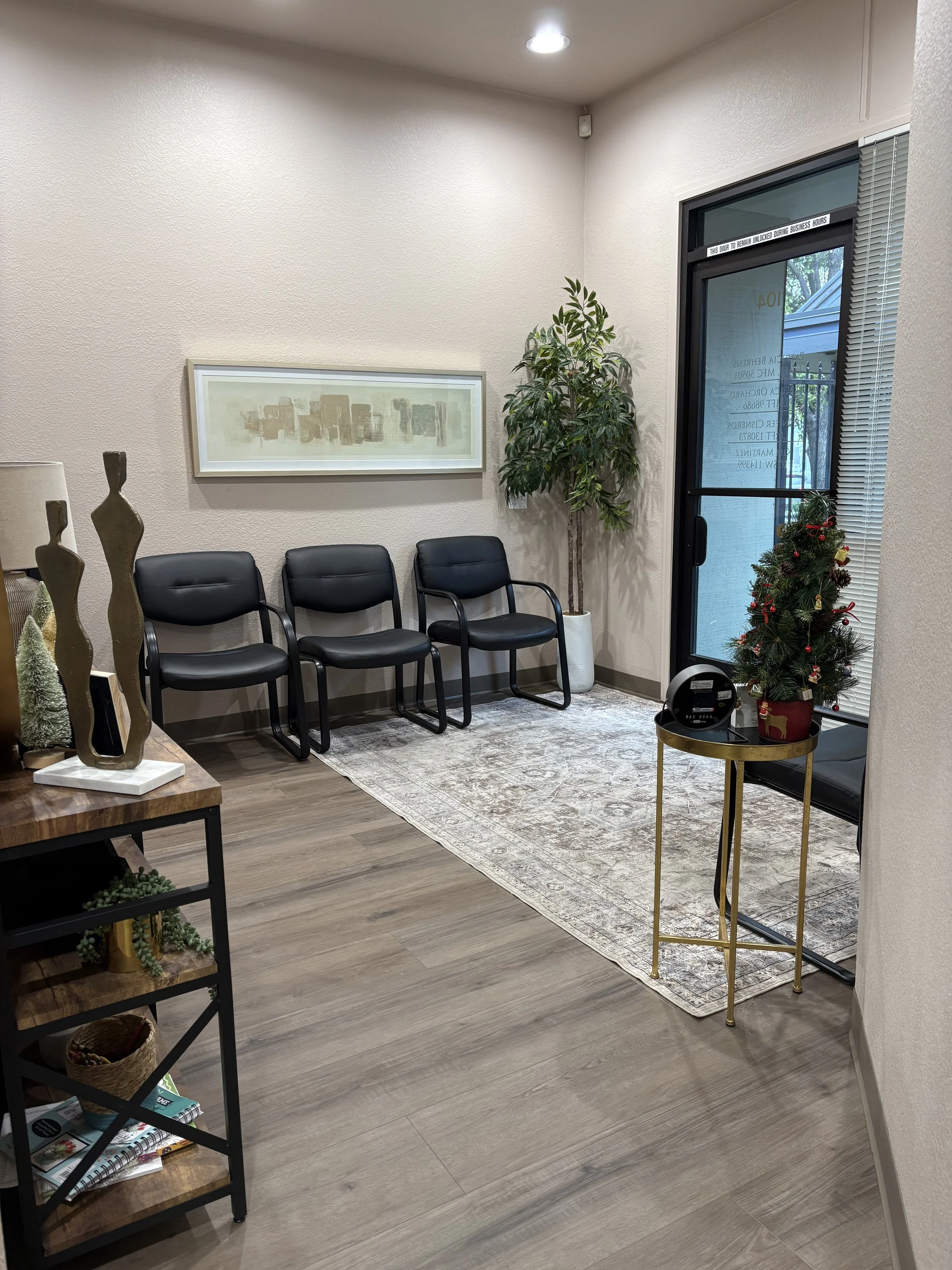 Office waiting room with four black chairs, a small Christmas tree on a gold table, a tall potted plant, and framed artwork on the wall.