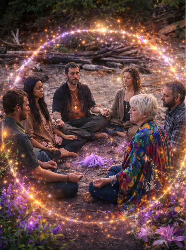 People sitting cross-legged in a circle outdoors, holding hands, with a glowing, magical arc of light and sparkles above them, surrounded by flowers and nature.