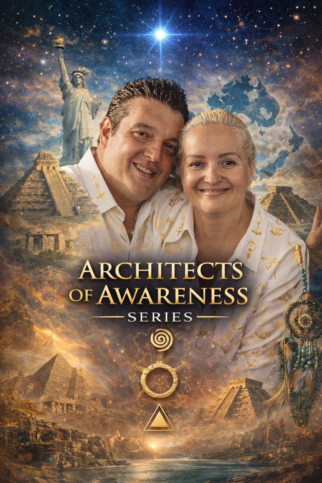 A promotional poster for the series "Architects of Awareness" featuring a smiling couple in front of a cosmic background with stars, pyramids, temples, the Statue of Liberty, and mystical symbols.