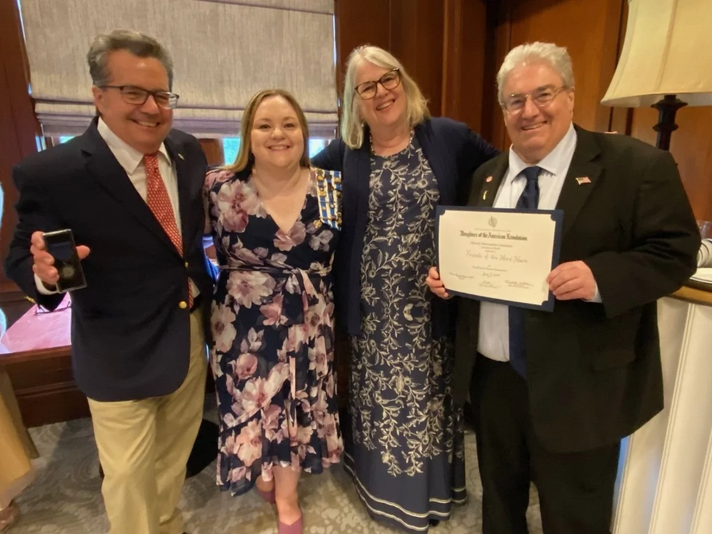 June 7, 2025: Receiving the DAR Excellence in Historic Preservation Award from Regent Maura Reilly Light, White Plains Chapter of the DAR