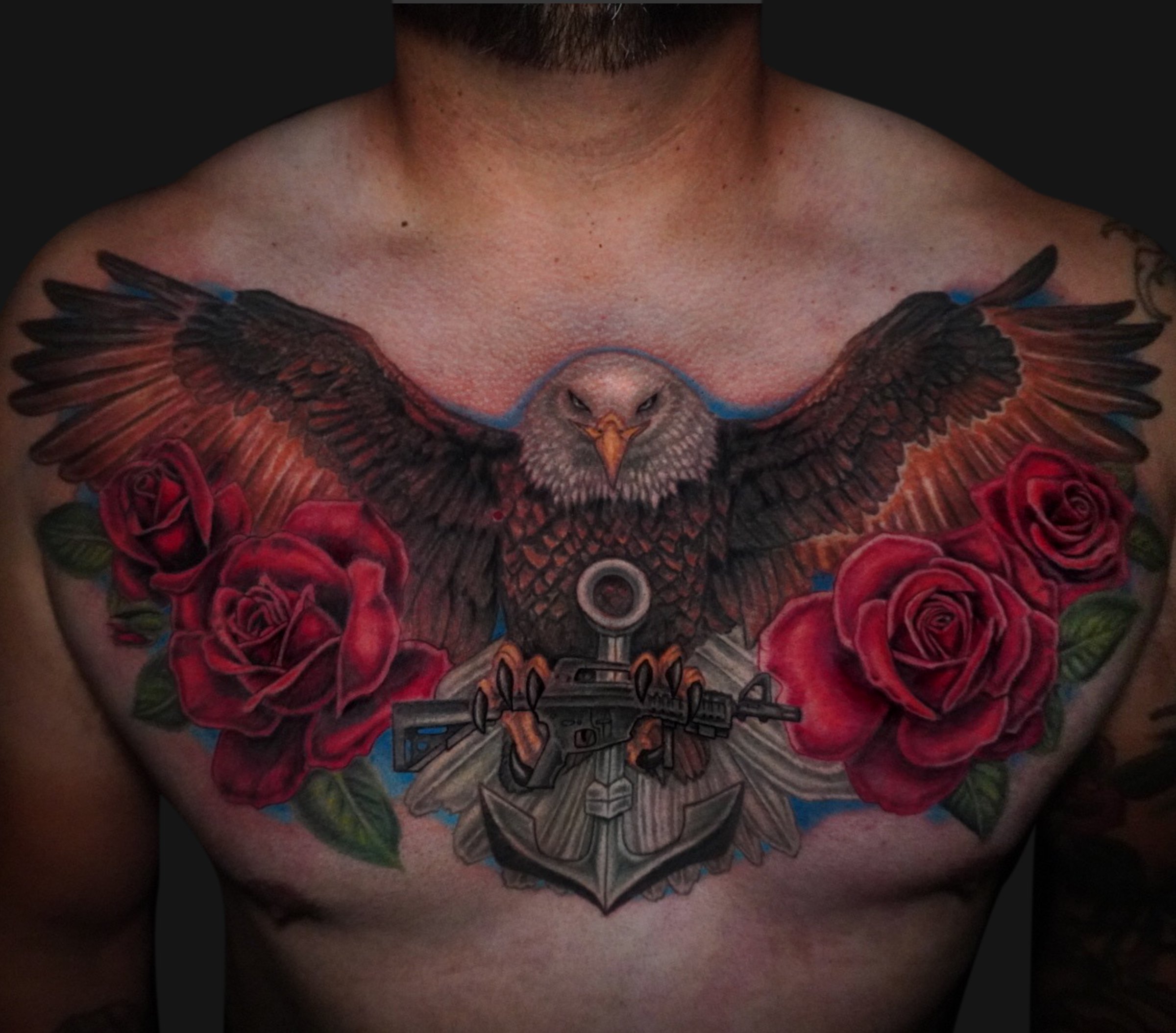 Anchor Eagle hold a AR chest Tattoo