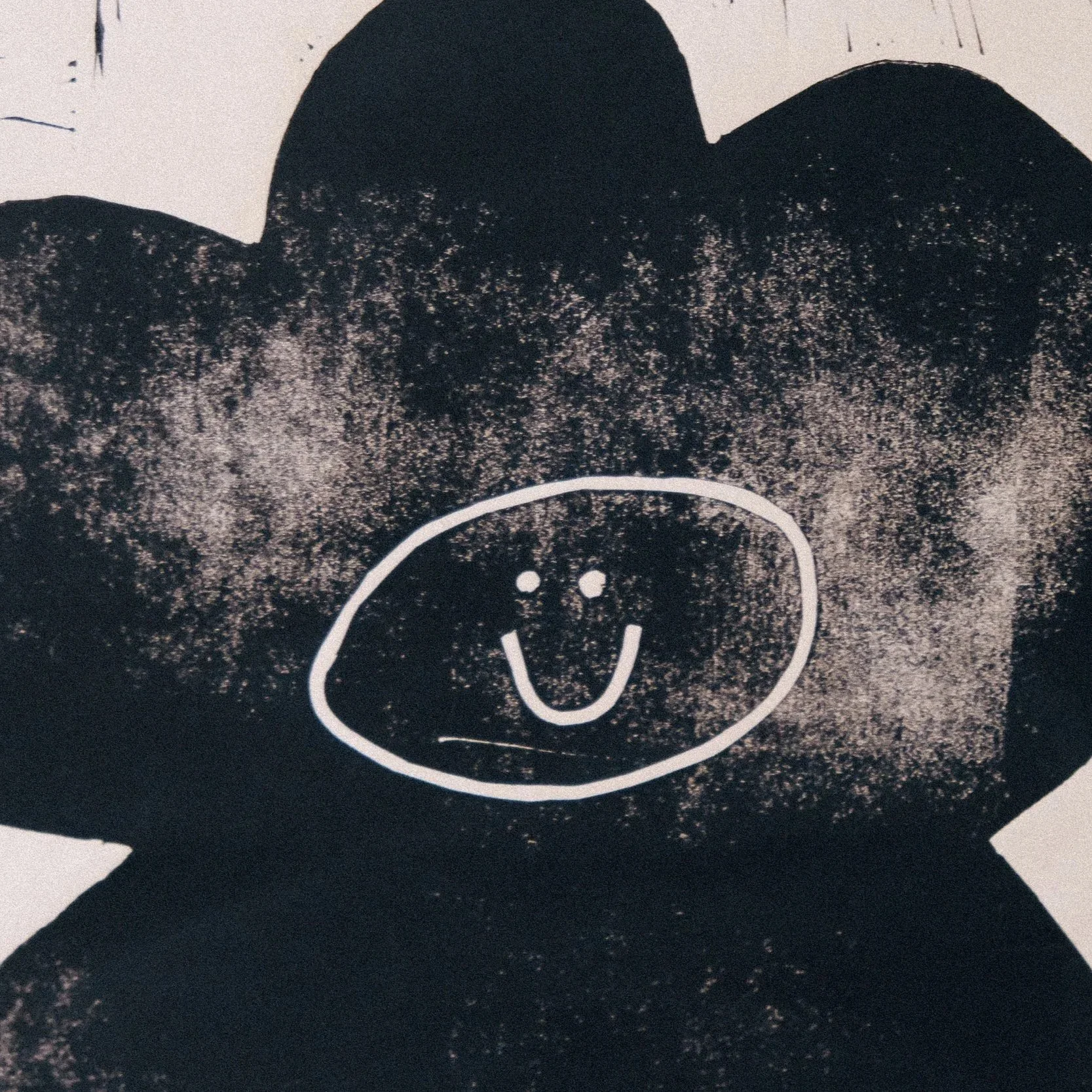 Minimalist black flower print with a smiley face, modern playful floral wall art poster_MALA-MAJA