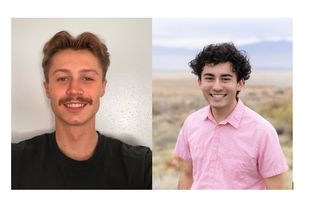 Split-screen photo of two young men smiling, one with light brown hair and a mustache wearing a black shirt, and the other with curly dark hair wearing a pink button-up shirt outdoors against a landscape background.