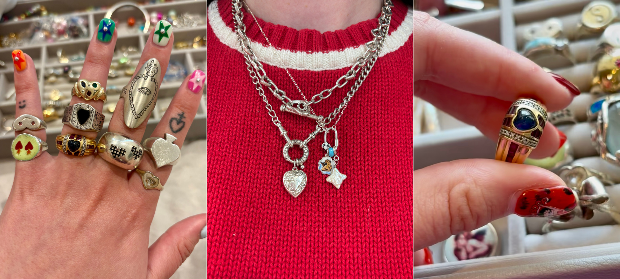 Three close-up images featuring charm-covered hands, layered silver necklaces with heart and novelty charms, and hands stacked with gemstone rings.