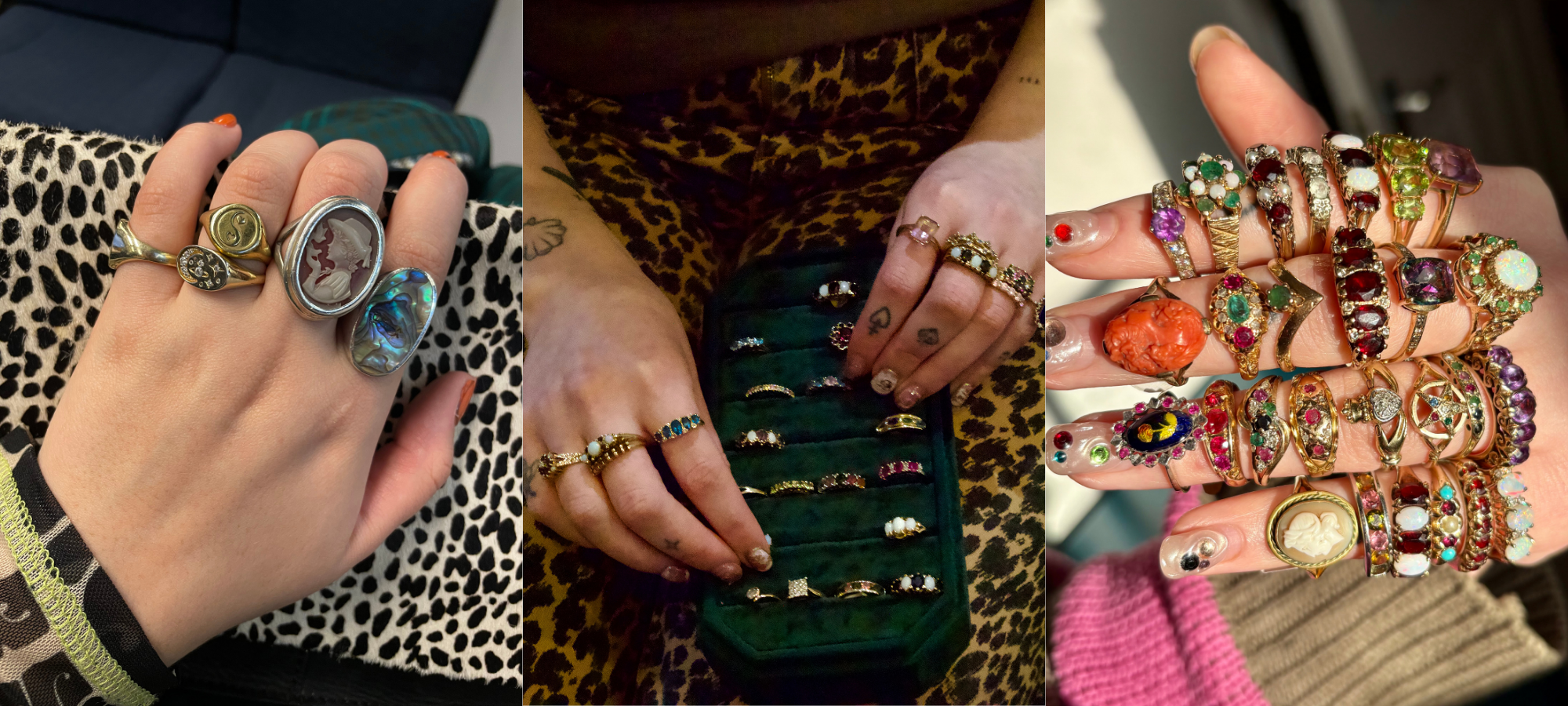 Three images of hands a hand wearing silver rings including a cameo and abalone-style stone, hands selecting rings from a green velvet ring tray, and a hand fully stacked with gold gemstone rings across all fingers.