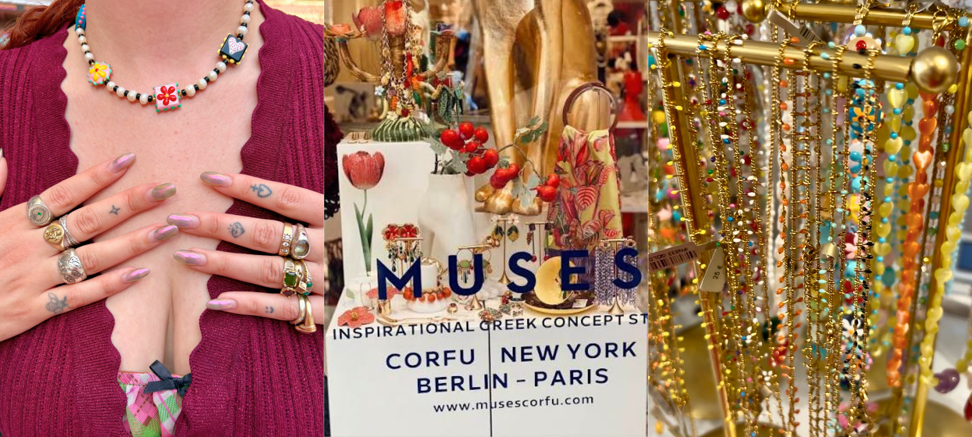 Colourful jewellery at Muses in Corfu, including my beaded necklace and displays of playful necklaces and accessories.