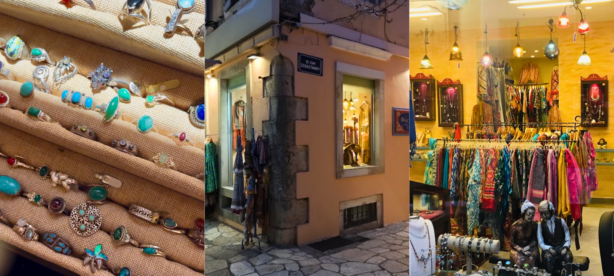 Ex Oriente Lux in Corfu, featuring gemstone jewellery, the shop exterior and its colourful antique-filled interior.