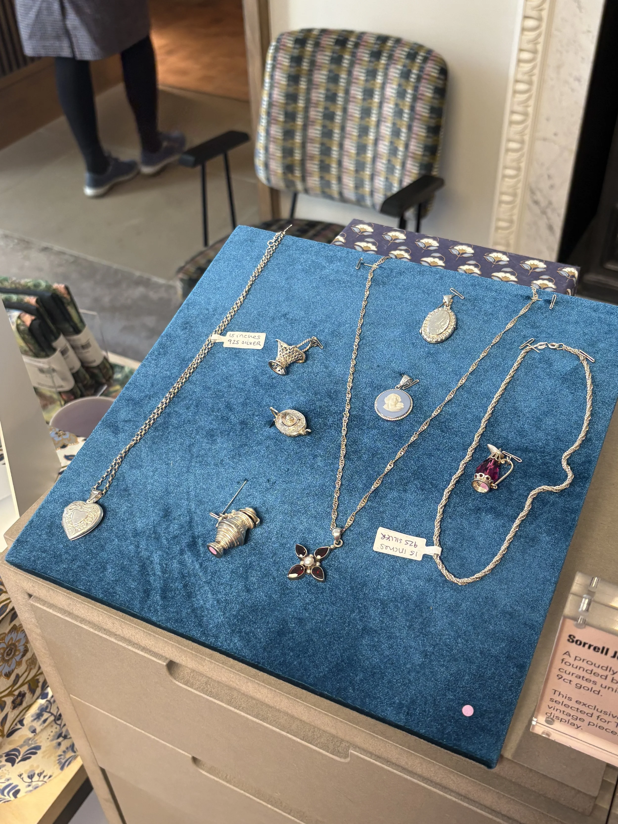 Jewellery display on blue velvet