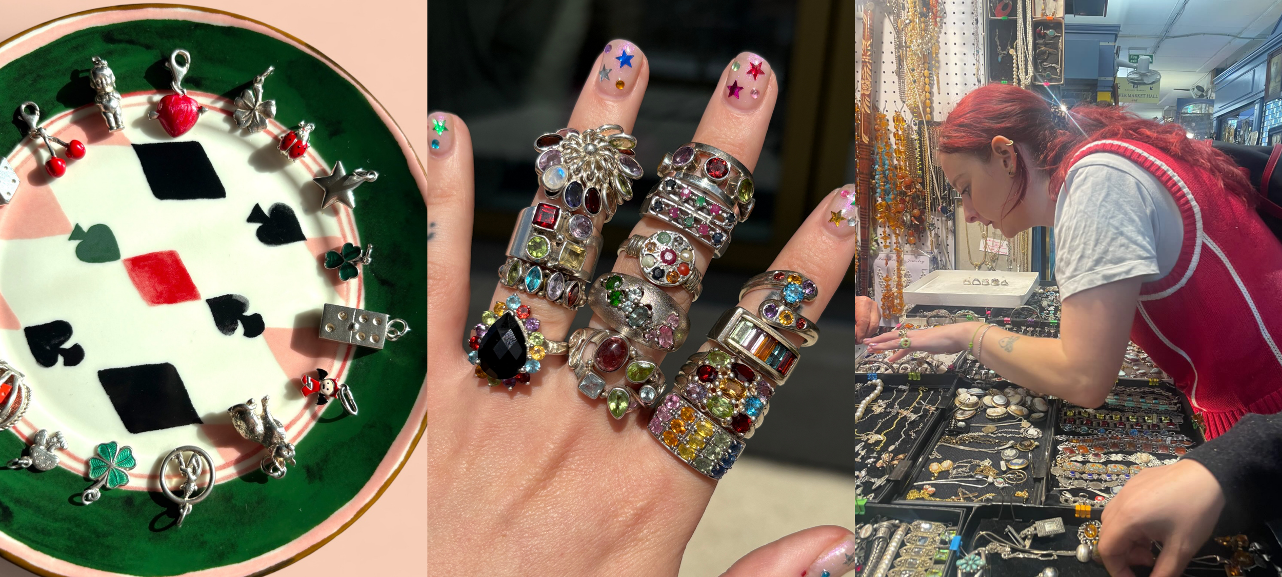 A dish of lucky themed charms, rainbow gemstone rings stacked across the fingers, and Emily sourcing jewellery at a busy market stall.