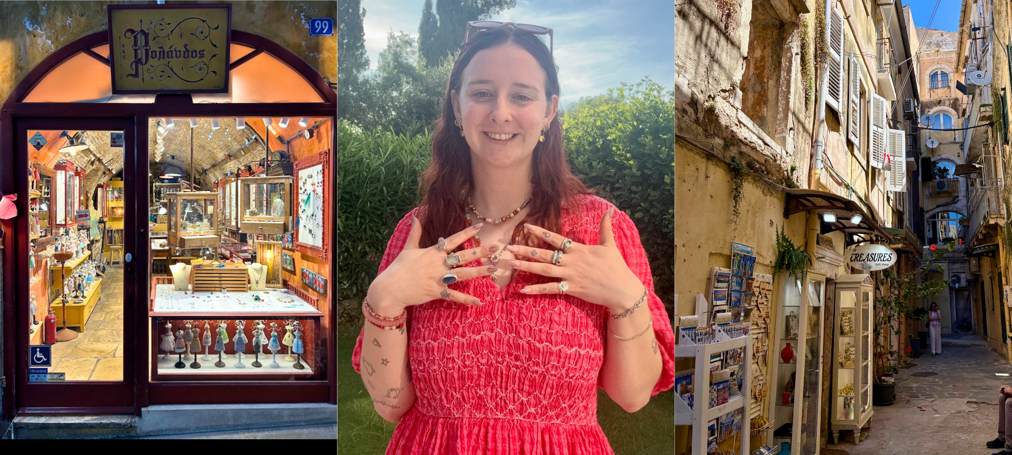 Three photos from Corfu Old Town featuring a jewellery shop, jewellery worn on the hand and a narrow historic street.