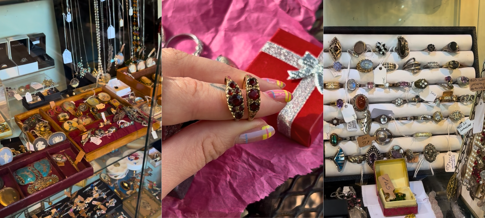Jewellery display cabinets at Yoxford Antiques Centre alongside two 9ct gold garnet rings I found there.