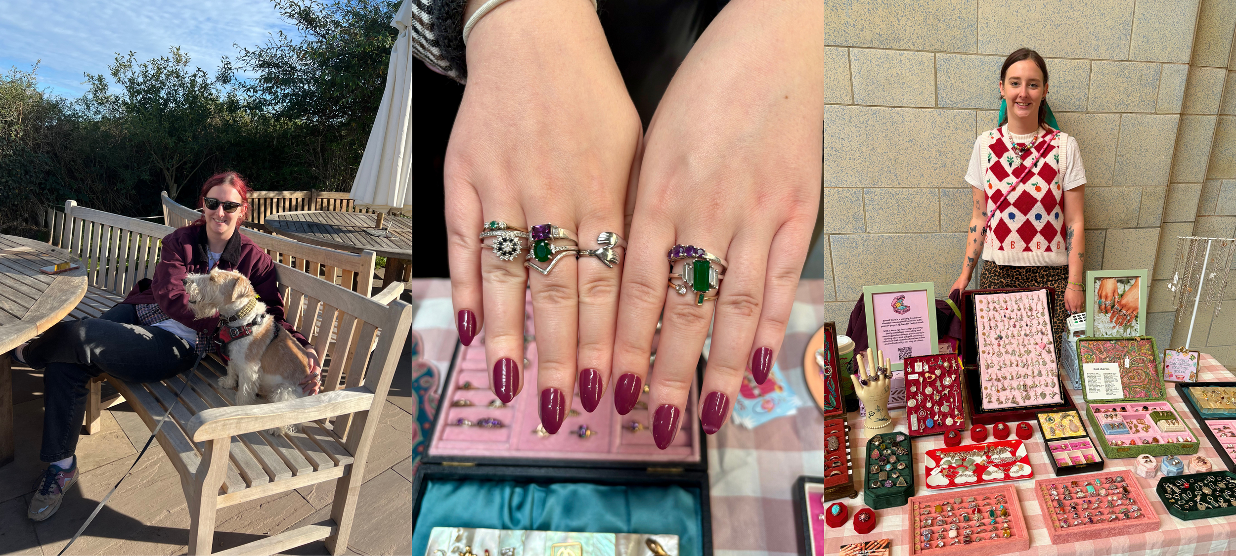 Emily sitting with Elliot outdoors, a close up of colourful vintage rings on pink velvet, and Emily standing behind her full market display.