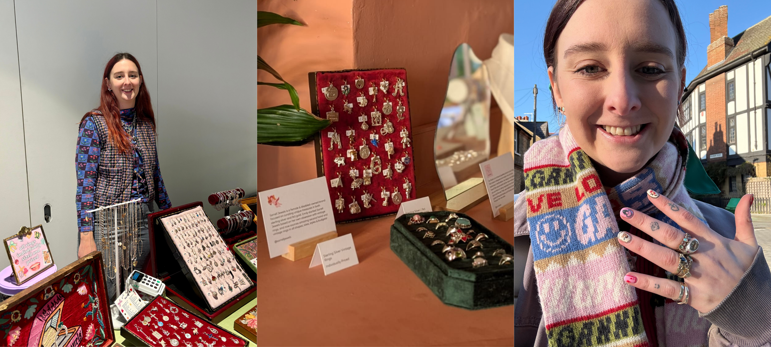 Emily at her market stall, a curated display of silver charms and rings, and an outdoor selfie of Emily showing her rings in bright winter light.