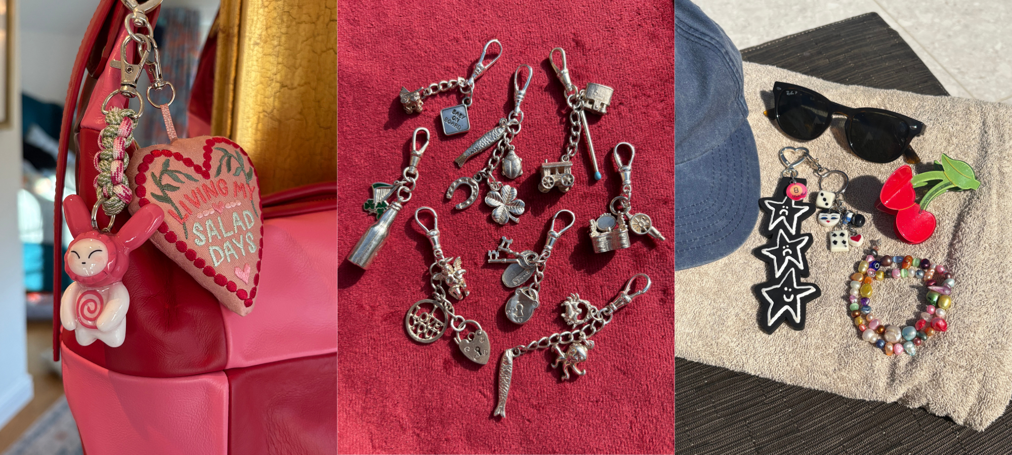 A collage of colourful trinkets, tiny charms, silver charm jewellery and whimsical maximalist accessories