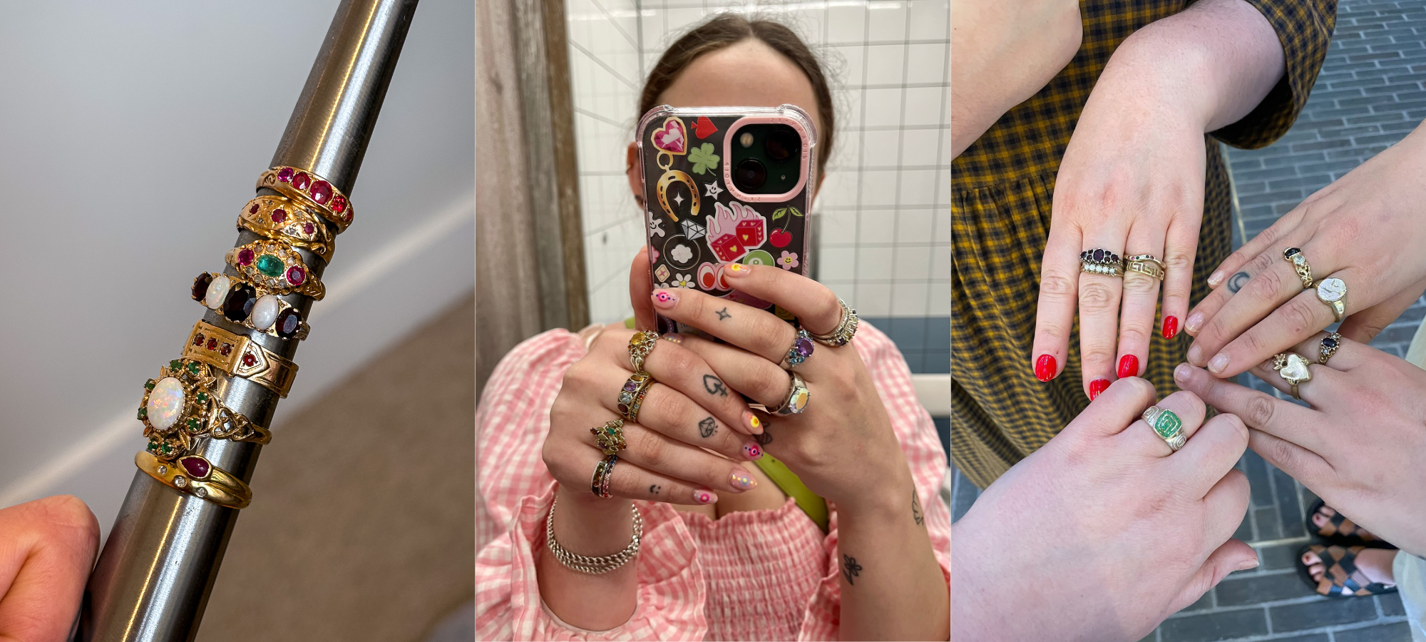 Three images featuring vintage rings: a stack of gold gemstone rings on a metal ring holder, a person taking a mirror selfie wearing multiple colourful rings, and a group of hands together each wearing different vintage rings