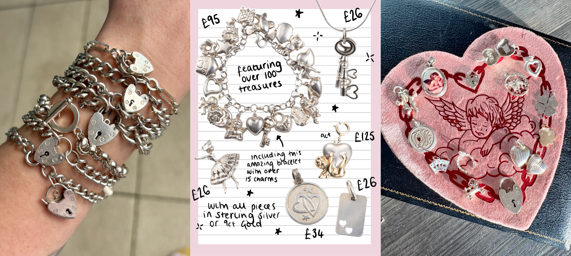 Three jewellery photos showing chunky silver padlock charm bracelets, a hand-drawn charm bracelet price guide, and a heart-shaped velvet tray filled with silver charms.